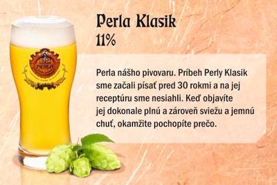 Pivo Banskobystrická Perla "Klasik", svetlý nefiltrovaný ležiak, 11%, v sudoch, cena za 1 l