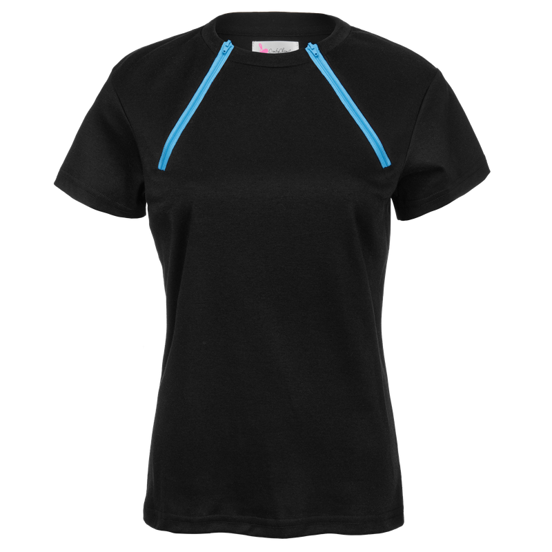 ComfyChemo® Women&#39;s FunZip Short Sleeve (Black with Blue Zippers)