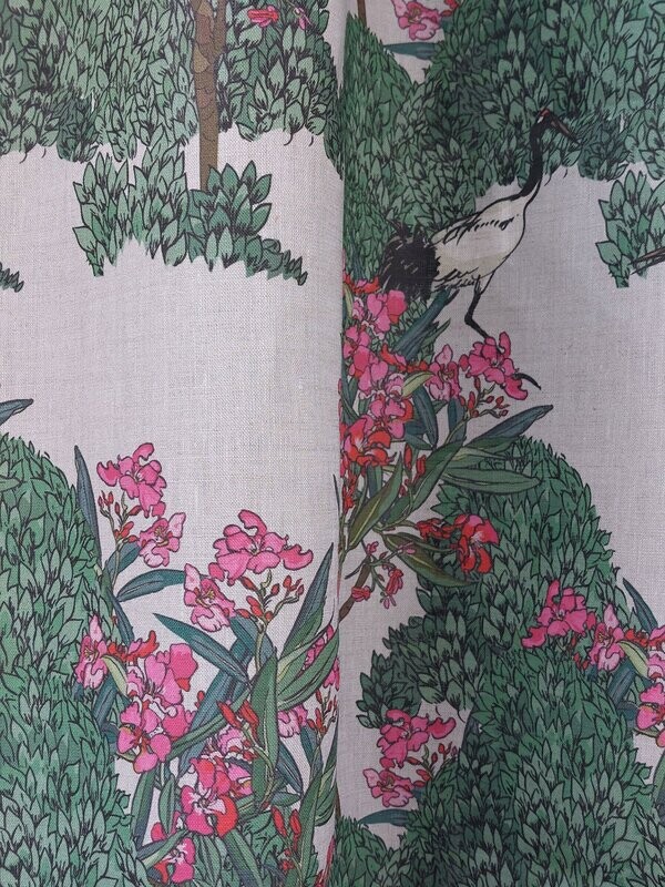 DANCING CRANES IN PINK FLOWERS | LINEN FABRIC