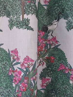 DANCING CRANES IN PINK FLOWERS | LINEN FABRIC