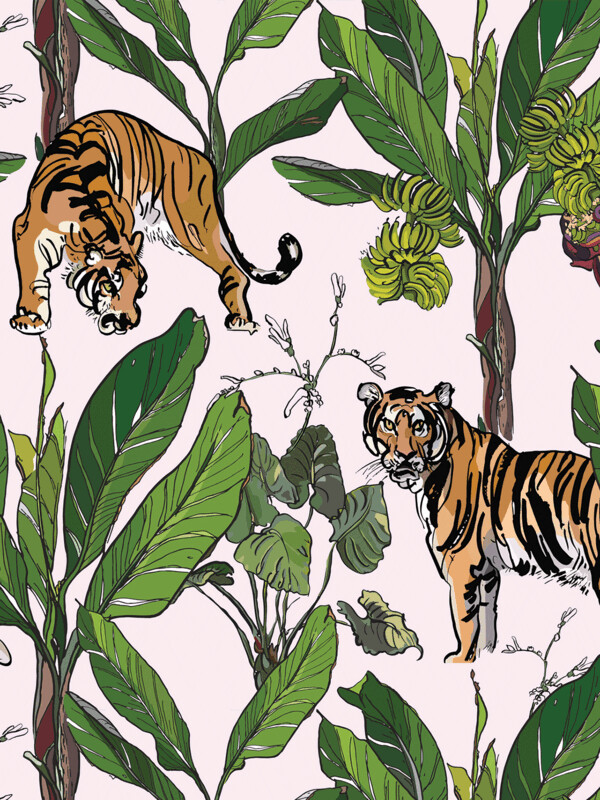 TIGERS IN TROPICAL PLANTS | SEAMLESS PATTERN