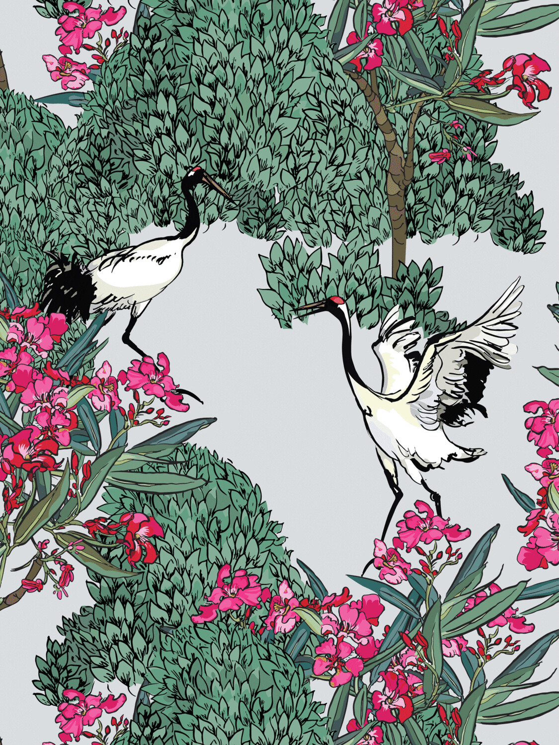 DANCING CRANES IN PINK FLOWERS | SEAMLESS PATTERN DANCING CRANES IN PINK FLOWERS | SEAMLESS PATTERN
