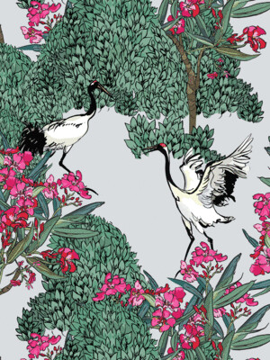 DANCING CRANES IN PINK FLOWERS | SEAMLESS PATTERN DANCING CRANES IN PINK FLOWERS | SEAMLESS PATTERN