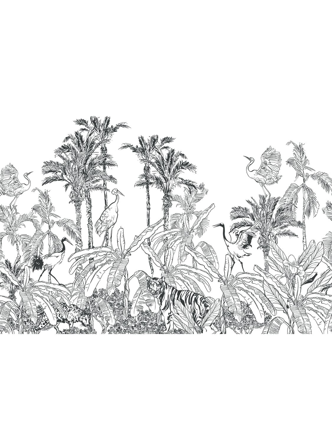 TOILE TIGER AND BIRDS IN PALMS | SEAMLESS PANORAMA TOILE TIGER AND BIRDS IN PALMS | SEAMLESS PANORAMA