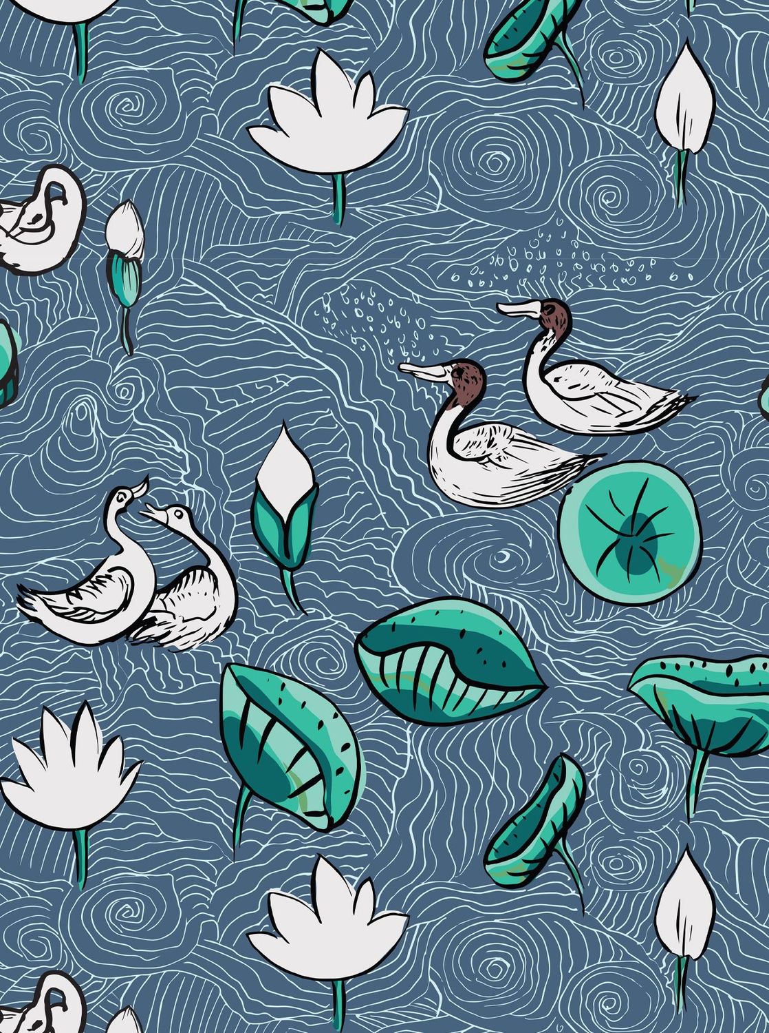 LOTUS POND WITH DUCKS | SEAMLESS PATTERN