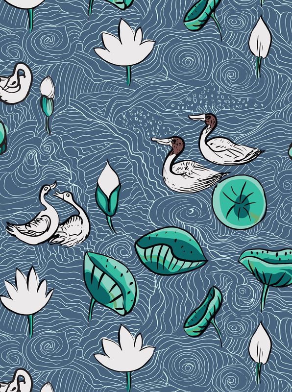 LOTUS POND WITH DUCKS | SEAMLESS PATTERN