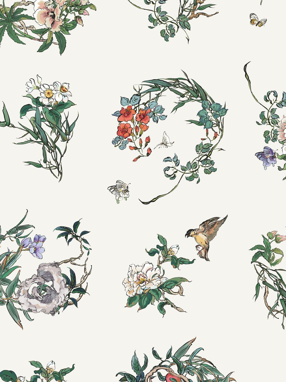 Hand-drawn botanical seamless pattern featuring birds and flowers in an elegant floral composition for surface design use
