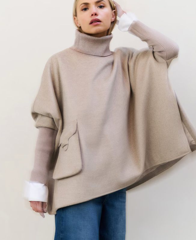 Woolmix poncho with ribbed sleeves YAYA beige 03-521003-509