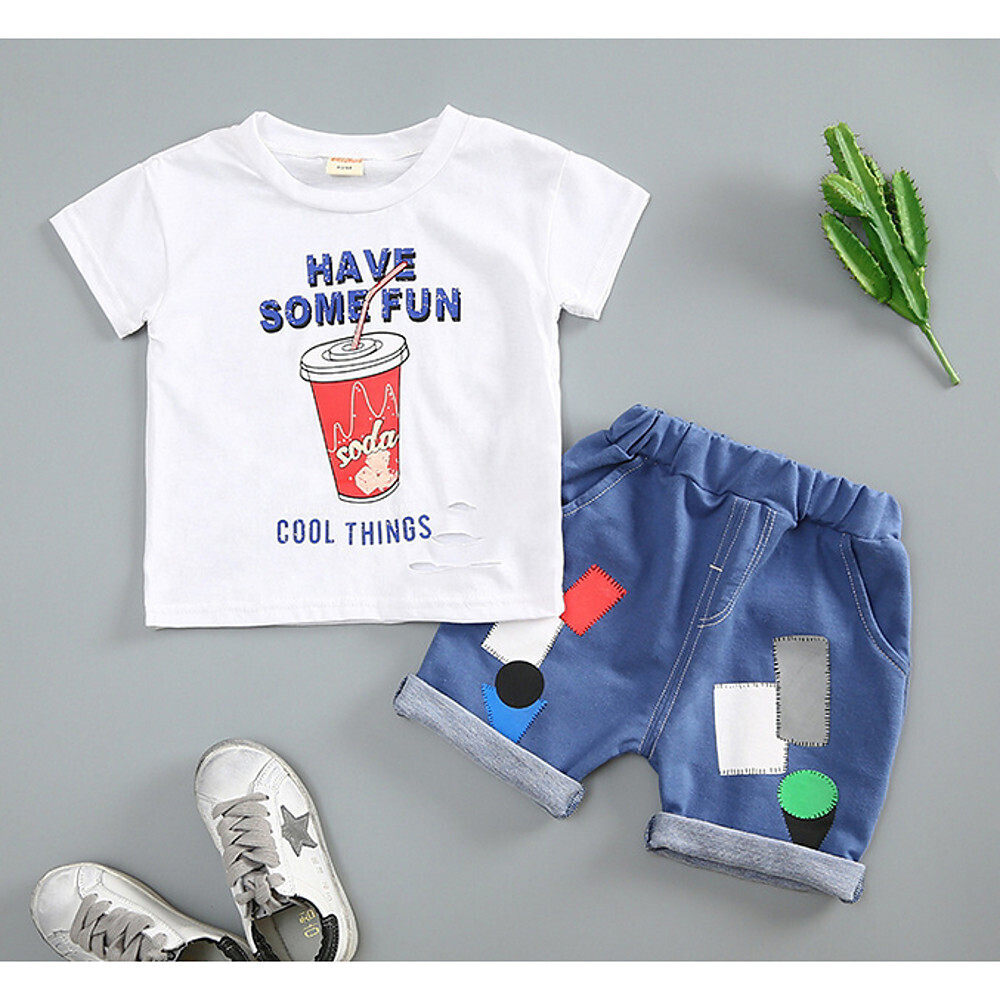Baby Boys' Active / Basic Daily / Sports Geometric Short Sleeve Regular Cotton Clothing Set Brown / Toddler