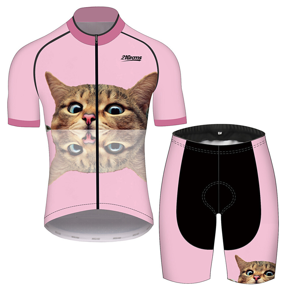 21Grams Women's Short Sleeve Cycling Jersey with Shorts Pink / Black Cat Animal Bike Clothing Suit Breathable 3D Pad Quick Dry Ultraviolet Resistant Reflective Strips Sports Cat Mountain Bike MTB
