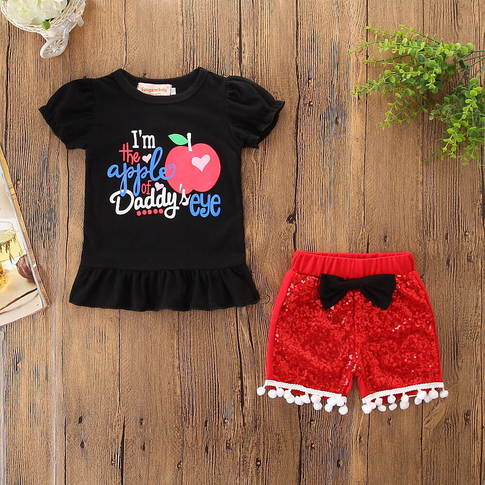 Baby Girls' Active / Basic Daily / Sports Print Sequins / Print Short Sleeve Regular Cotton Clothing Set Black / Toddler
