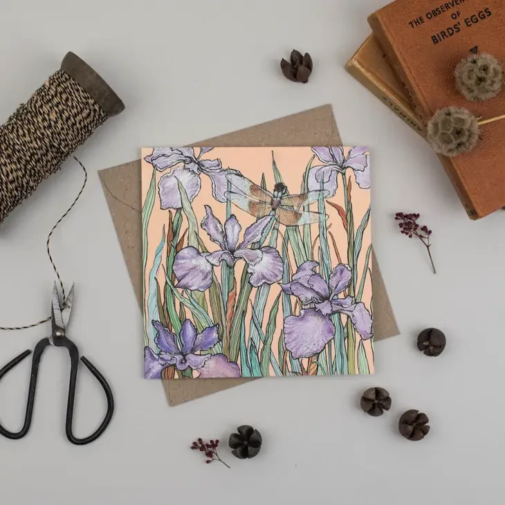 Dragonfly and Bearded Iris Greeting Card