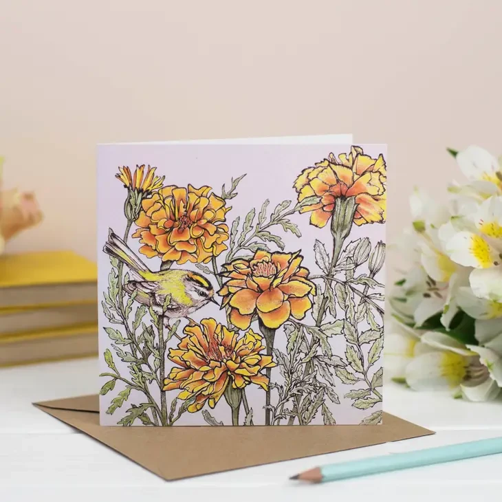 Firecrest and Marigolds Greeting Card