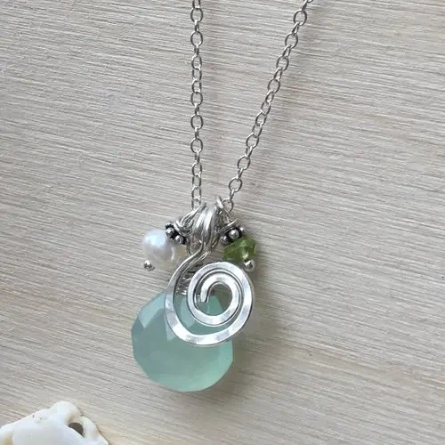 Ocean Swirl Trio Gemstone Pearl Sterling Silver Necklace
