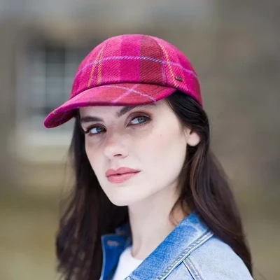 Baseball Cap Gray Herringbone - Pink Plaid - Made In Ireland - 100% Wool