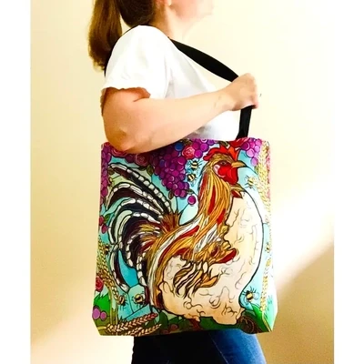 Chicken Shoulder Bag, Colorful Rooster Purse Tote Handbag