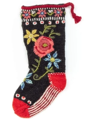 Floral Spray - Wool Knit Christmas Stocking - Black