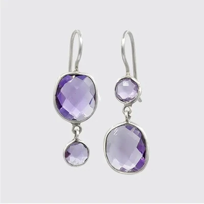 One Side Up, One Side Down Faceted Stone Drops - Amethyst - Sterling Silver