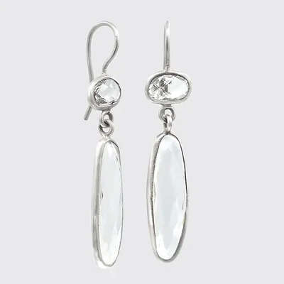 Long Skinny Organic Shaped Faceted Stone Drops - Clear Quartz - Sterling Silver