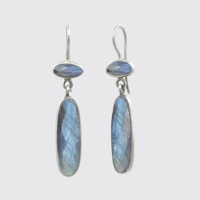 Long Skinny Organic Shaped Faceted Stone Drops - Labradorite - Sterling Silver