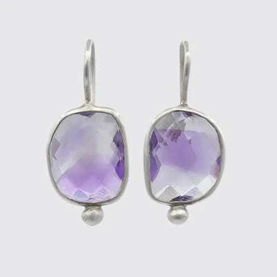 Large Faceted Organic Stone Drop With Granulation - Amethyst - Sterling Silver