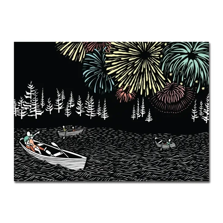 Boat on Water with Fireworks Birthday Card