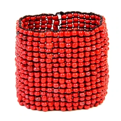 Large Glass Beaded Stretch Bracelet Hand-Loomed in Coral