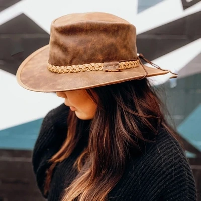 Crusher - Womens Leather Crushable Outback Hat - Bomber Brown