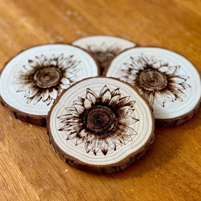 Engraved Wood Sunflower Coaster