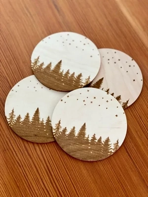 Pine Trees & Stars Engraved Wood Coasters