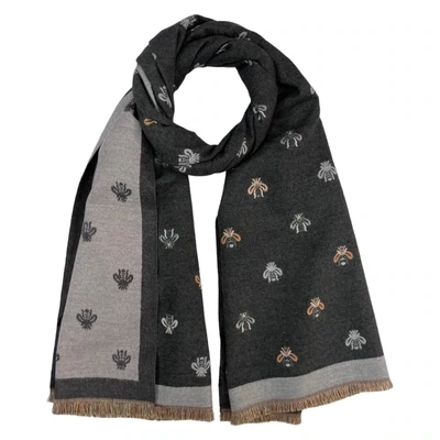 Bees Embroidered Print On Reversible Cashmere Blend Scarf - Charcoal
