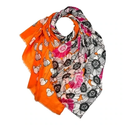 Flower Print On Cotton Blend Scarf with Silver Strokes - Orange