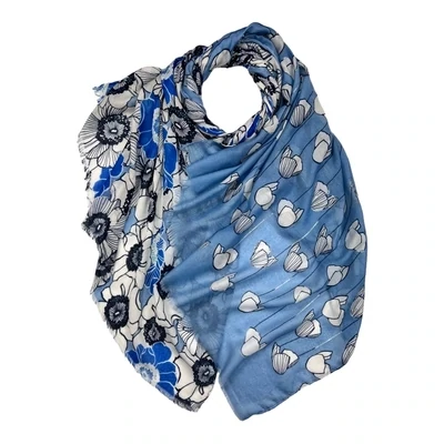 Flower Print On Cotton Blend Scarf with Silver Strokes - Blue