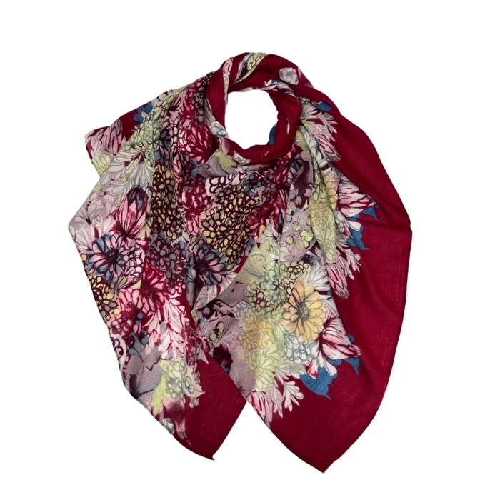 Wild Flower Butterfly Lightweight Cotton Mix Print - Burgundy