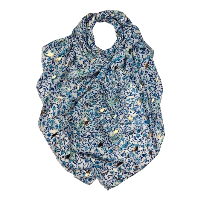 Summer Small Flowers Print with Golden and Silver Patches - Blue