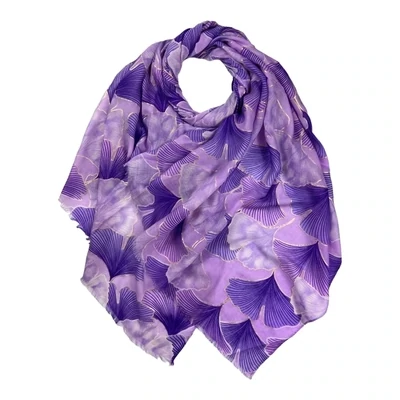 Big Colourful Lotus Leaves Print On Medium Weight Scarf - Purple
