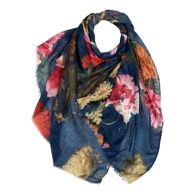 Big Roses On Lightweight Scarf with Fringes - Navy