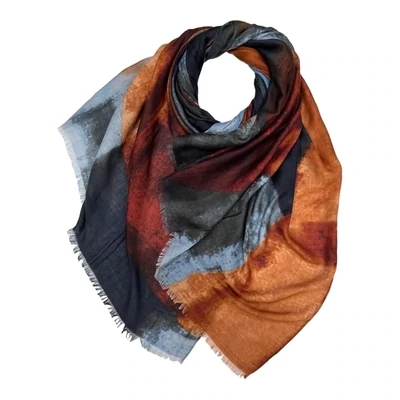 Abstracted Painting Printed Scarf - Rust Blue
