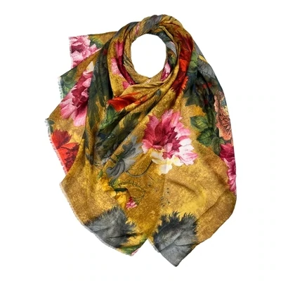 Big Roses On Lightweight Scarf with Fringes - Yellow