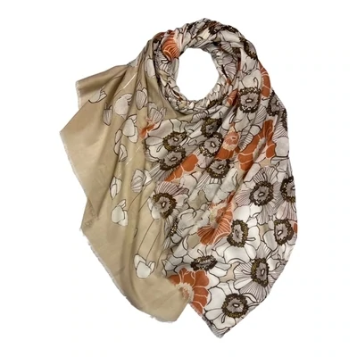 Flower Print On Cotton Blend Scarf with Silver Strokes - Mocca