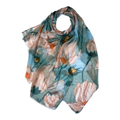 Lightweight Scarf with Daisy Flower Print - Teal
