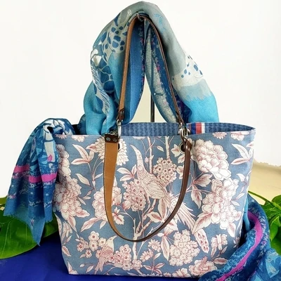 Blue Heritage Cotton Reversible Bag with Bird Design