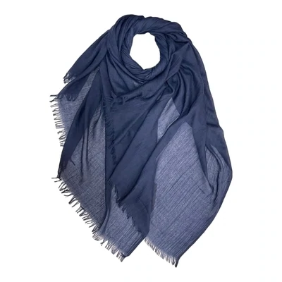 Classic Plain Cotton Blend Scarf Finished with Fringes - Navy
