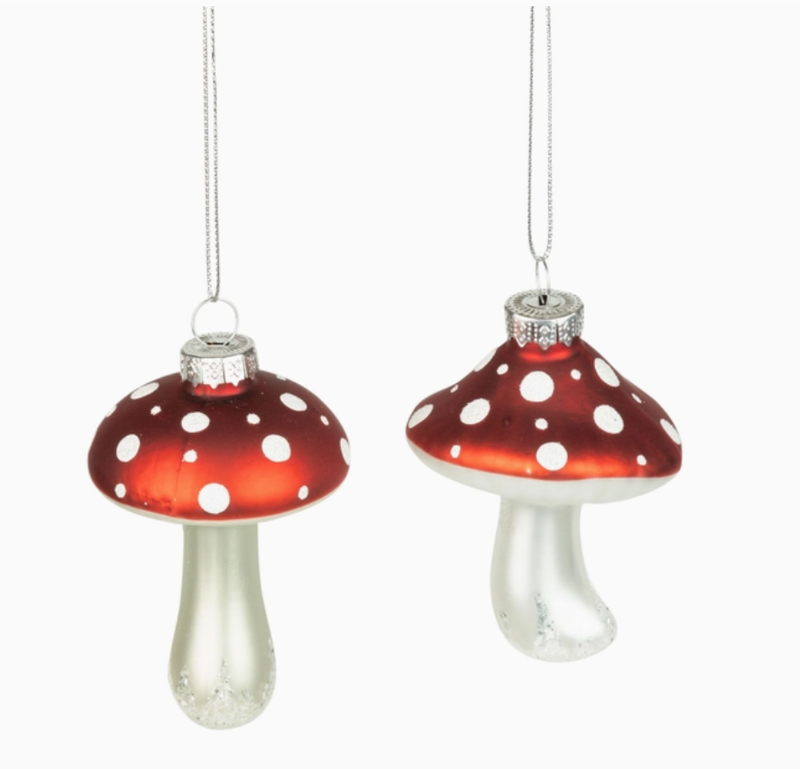 Glass Mushroom Ornament, Silver and Red 