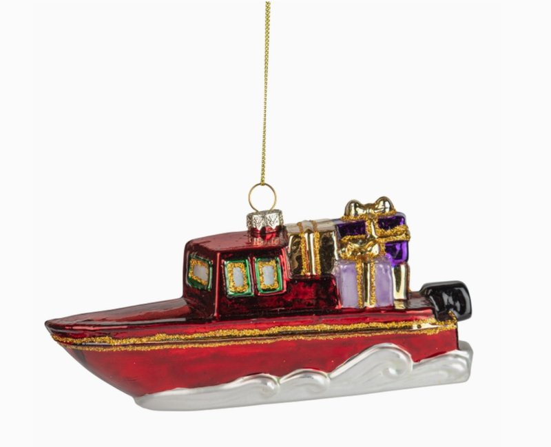 Red Motor Boat Glass Ornament