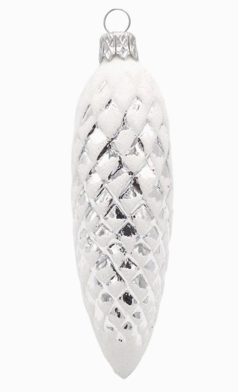 White Spruce Pine Cone Glass Ornament with Glitter