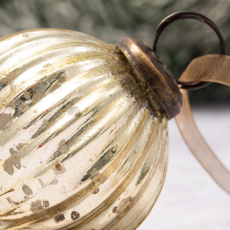 Gold 2" Ribbed Round Glass Ornament 