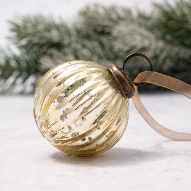 Gold 2" Ribbed Round Glass Ornament 