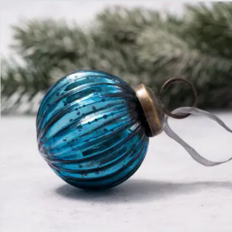 Teal 2" Ribbed Round Glass Ornament