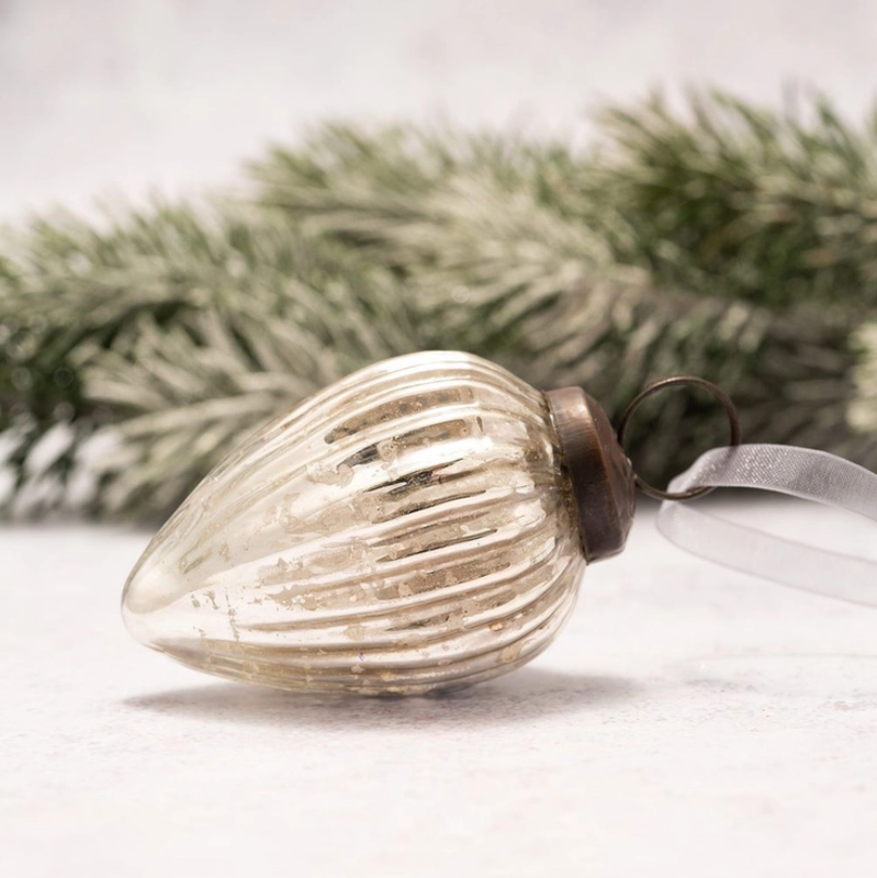 Silver 2" Ribbed Glass Pinecone Ornament